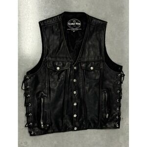 Vintage Leather King Black Leather Biker Vest Men's 44 Side Lace Moto MC